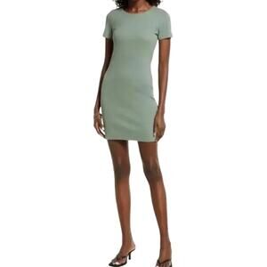 Open Edit Bodycon Dress Ribbed Short Sleeve Crew Neckline Green Women's XXS NWOT